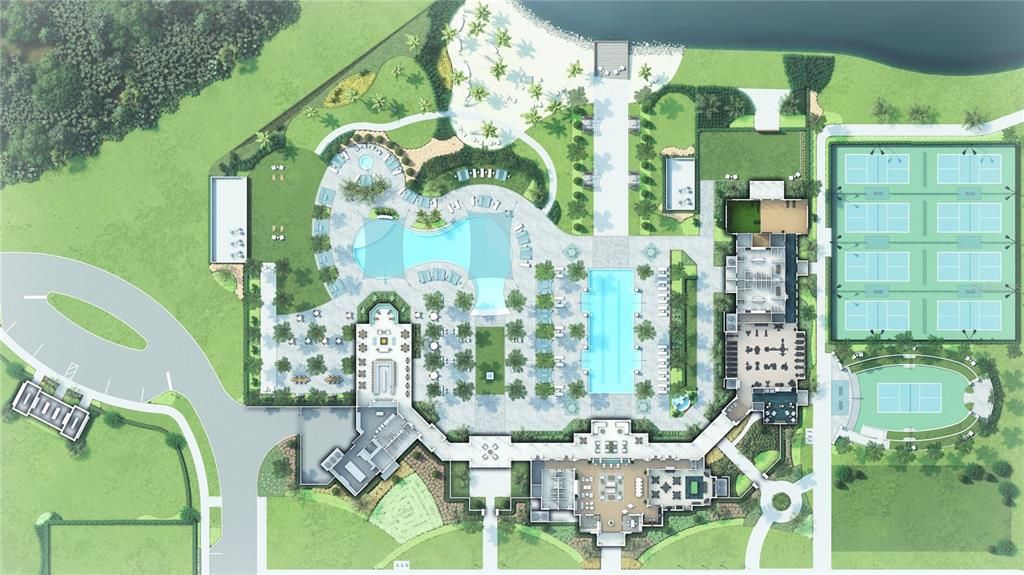 Aerial Rendering of Pool Area, Pickleball Courts, Clubhouse