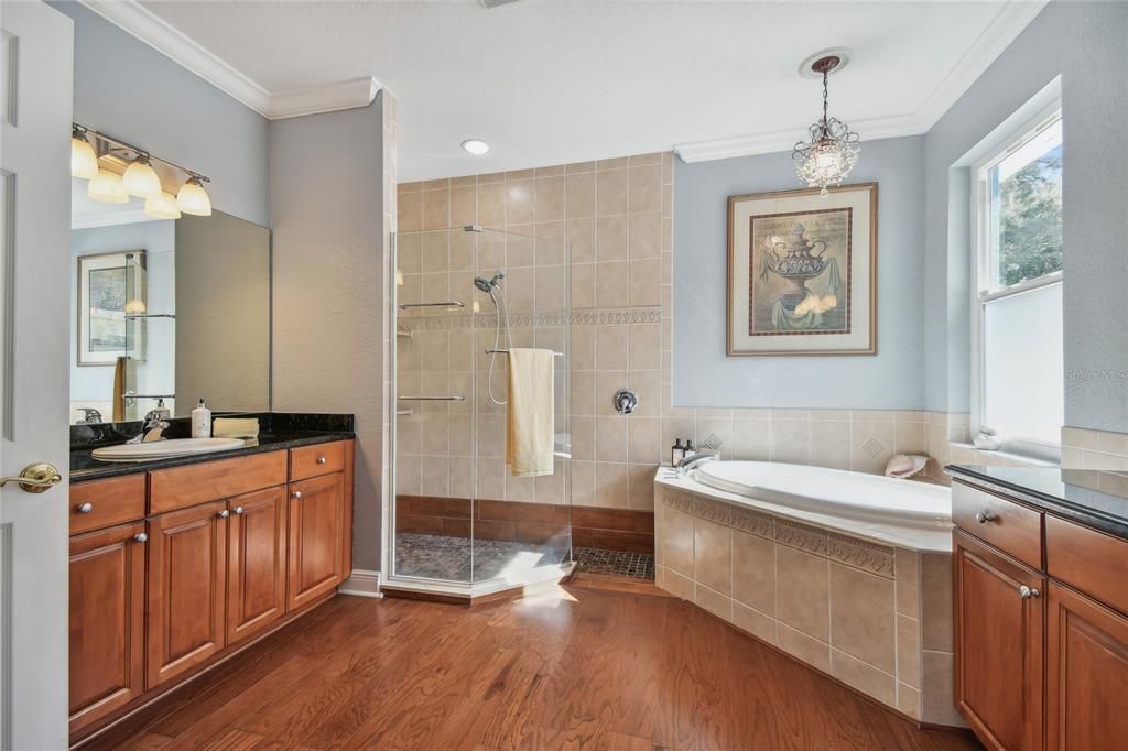 Large bathroom with tasteful finishes and updated fixtures