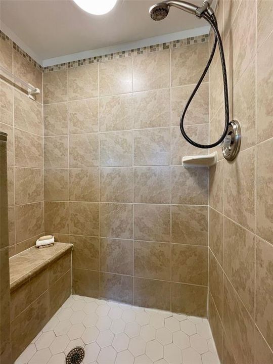 Master Walk in Shower with Seat and Towel Bar
