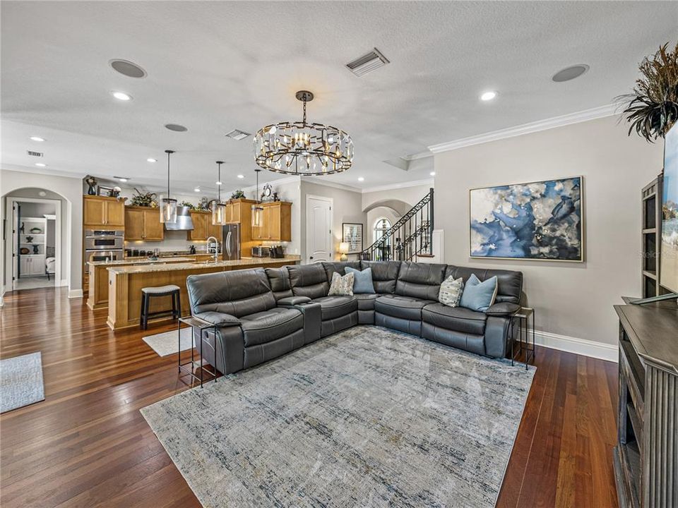 Family room with kitchen in distance