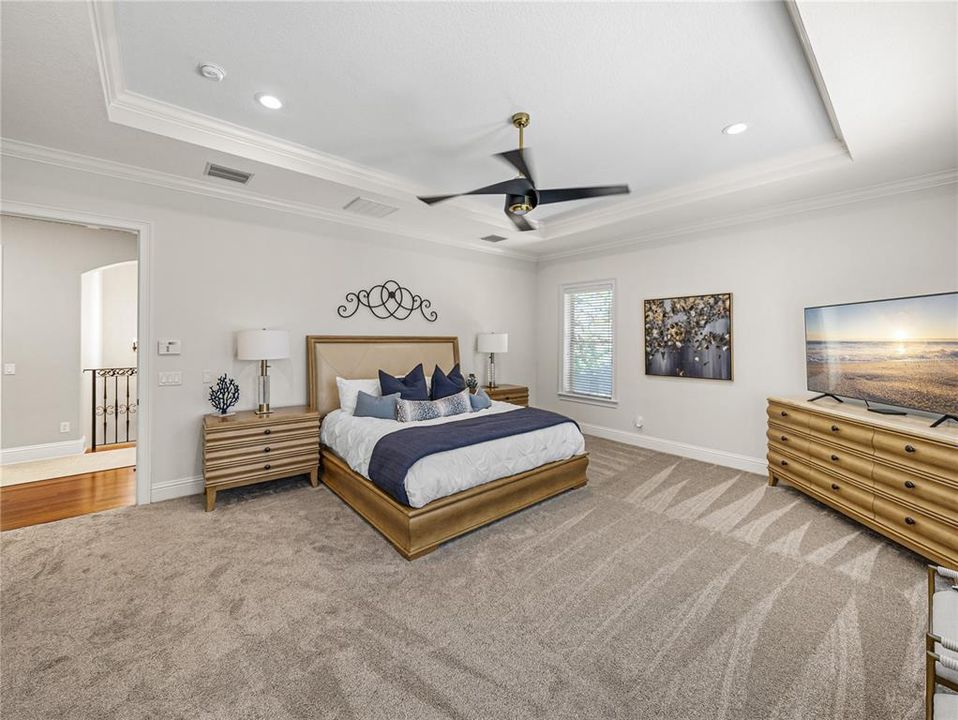 Primary bedroom features tray ceiling