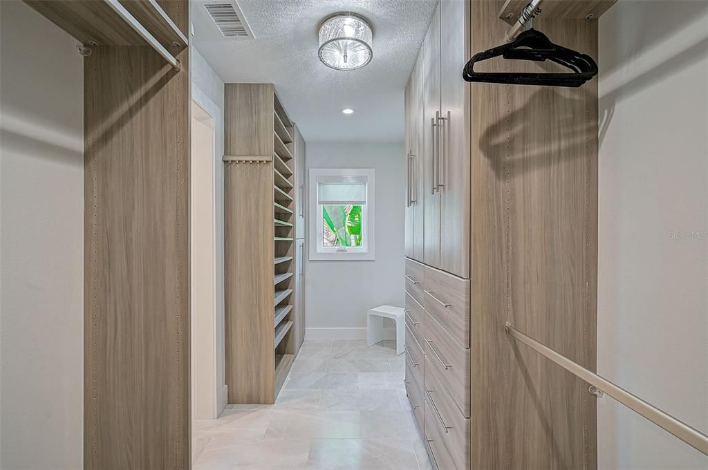 Custom Designed Marble Shower and Glass Tile in Waterfall Pattern w Floor to Ceiling Glass