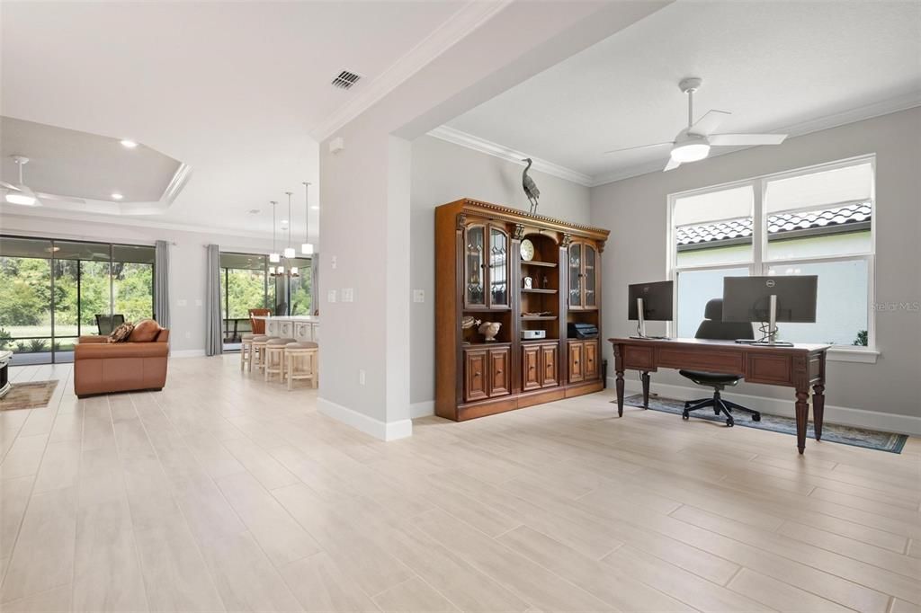 The transition from the front of the home to the back offers beautiful views of the conservation area behind the home.