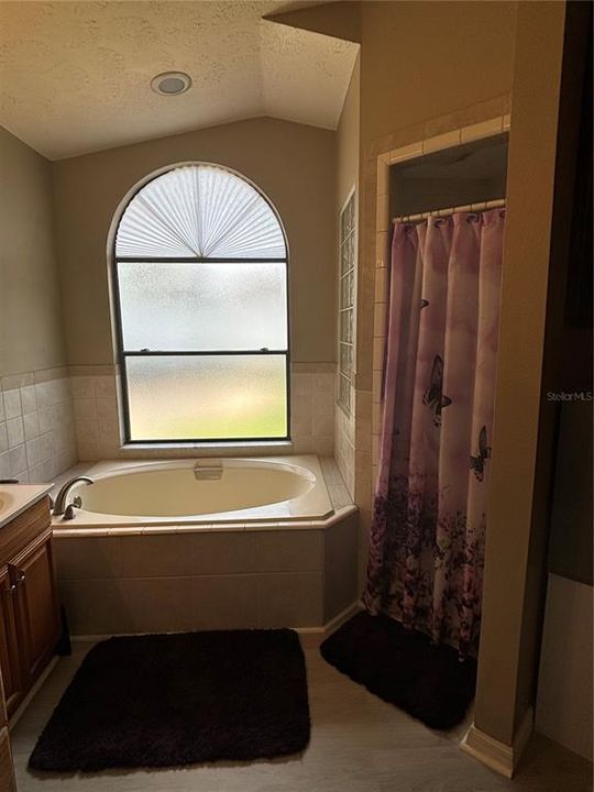 Garden tub and separate walk in shower.