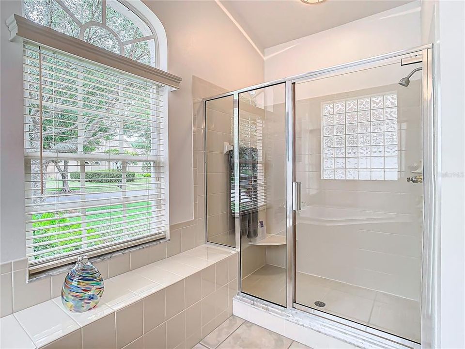 Spacious primary bath has separate tub and shower.
