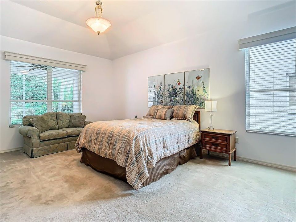 Primary bedroom with high tray ceilings and garden view.