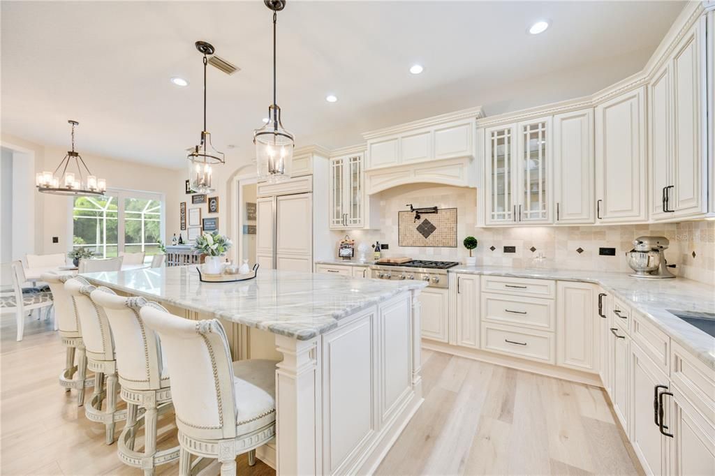 Masterpiece designed entertainer's kitchen is a showstopper with enormous kitchen island to sit at and enjoy a casual meal, designer overhead light fixtures, and non scratch waterproof laminate floors for when you're feeling inspired to cook a big delicious meal