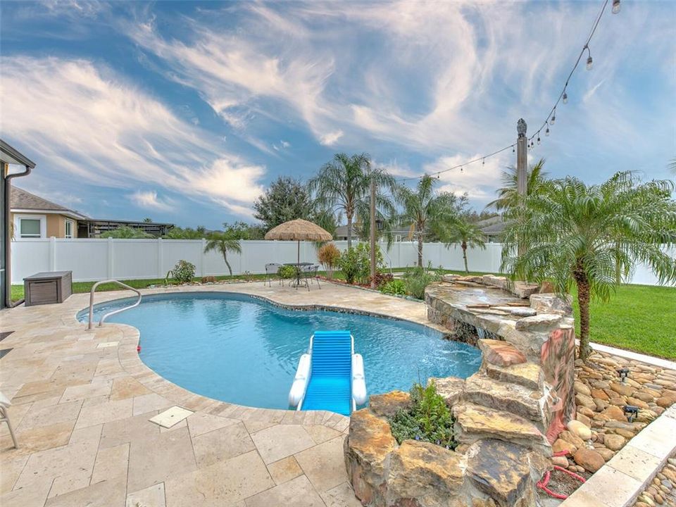 Corner of travertine deck