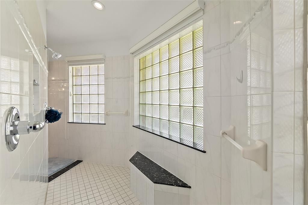 DUAL ENTRIES WITH TWO SHOWER HEADS, SEATING, GLASS BLOCKS FOR LIGHT!