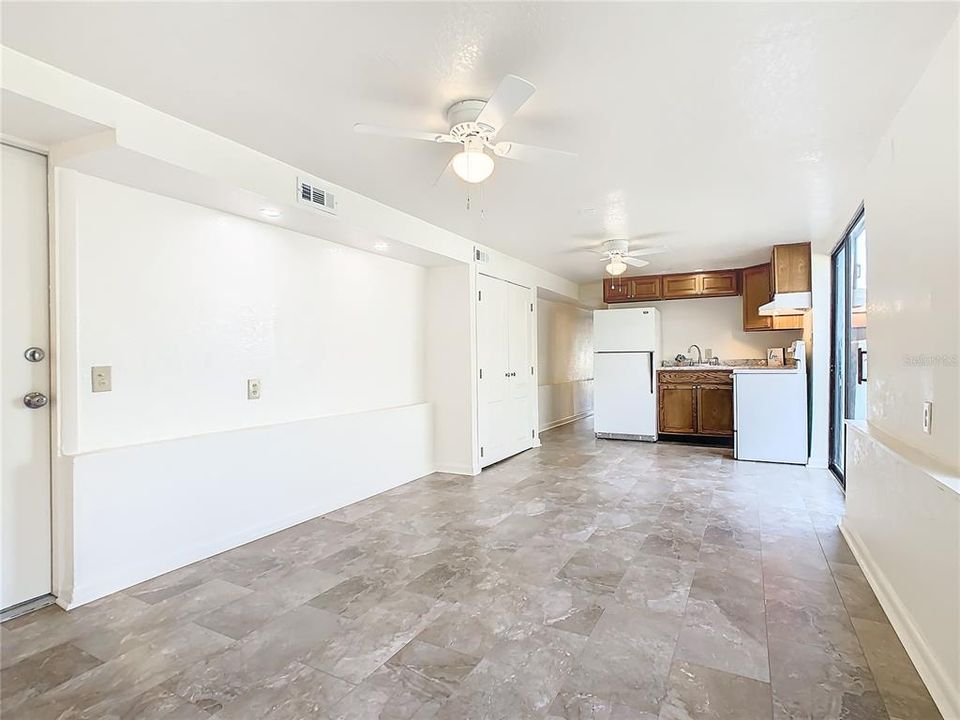 Kitchen has a large pantry.