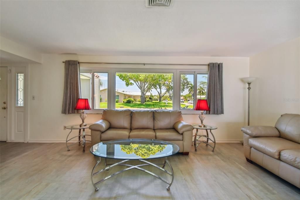 Large living room windows have parklike view across the street!