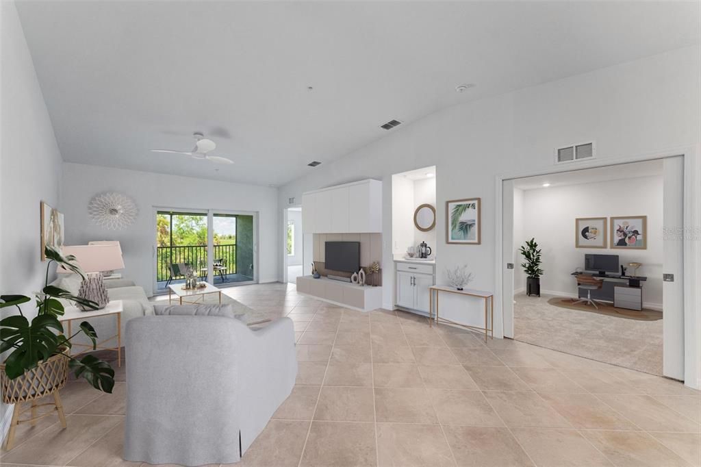 Virtually Staged Living room, Den and rear lanai