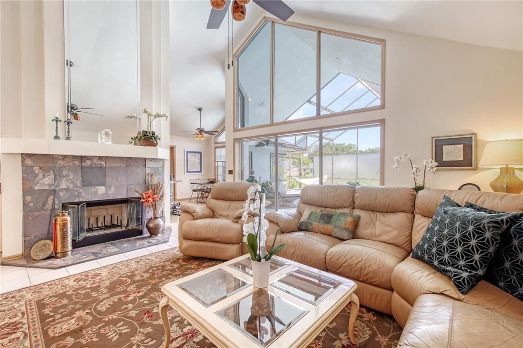 Fantastic room to relax next to the wood burning fireplace.