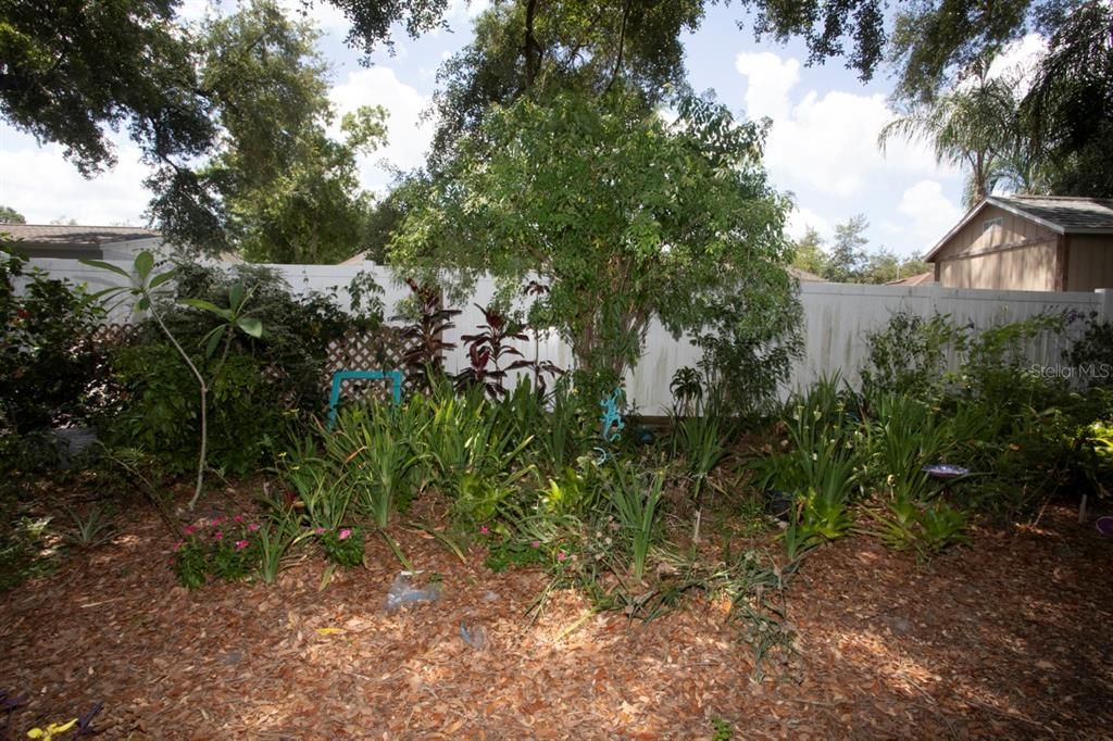 BACK YARD WITH MATURE FLOWERS, MULTIPLE FRUIT TREES AND CONVENIENT LOW VOLUME IRRIGATION SYSTEM