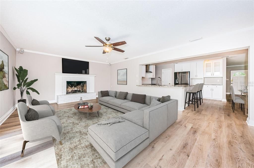 Virtually Staged - Family Room with wood burning fireplace