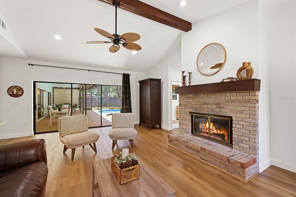 Wood burning fireplace in the family room