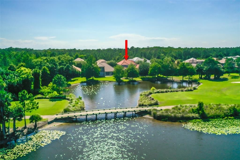 Aerial View of Lake, Bridge, and Home Location