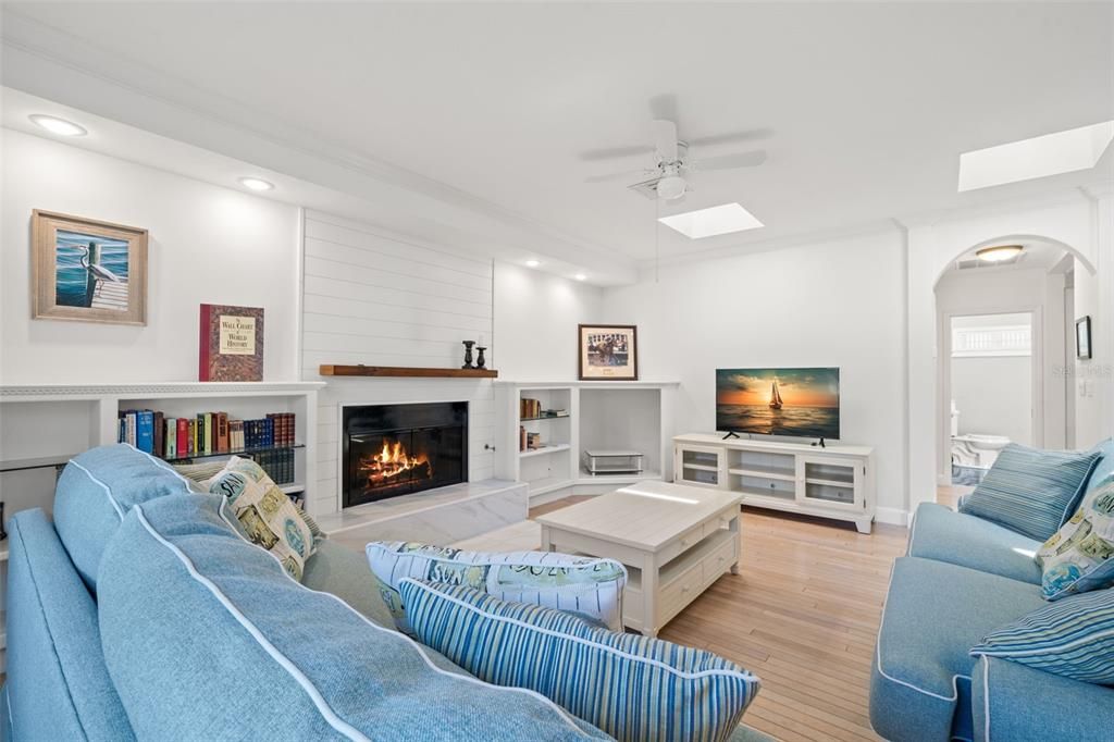 Gas fireplace with shiplap