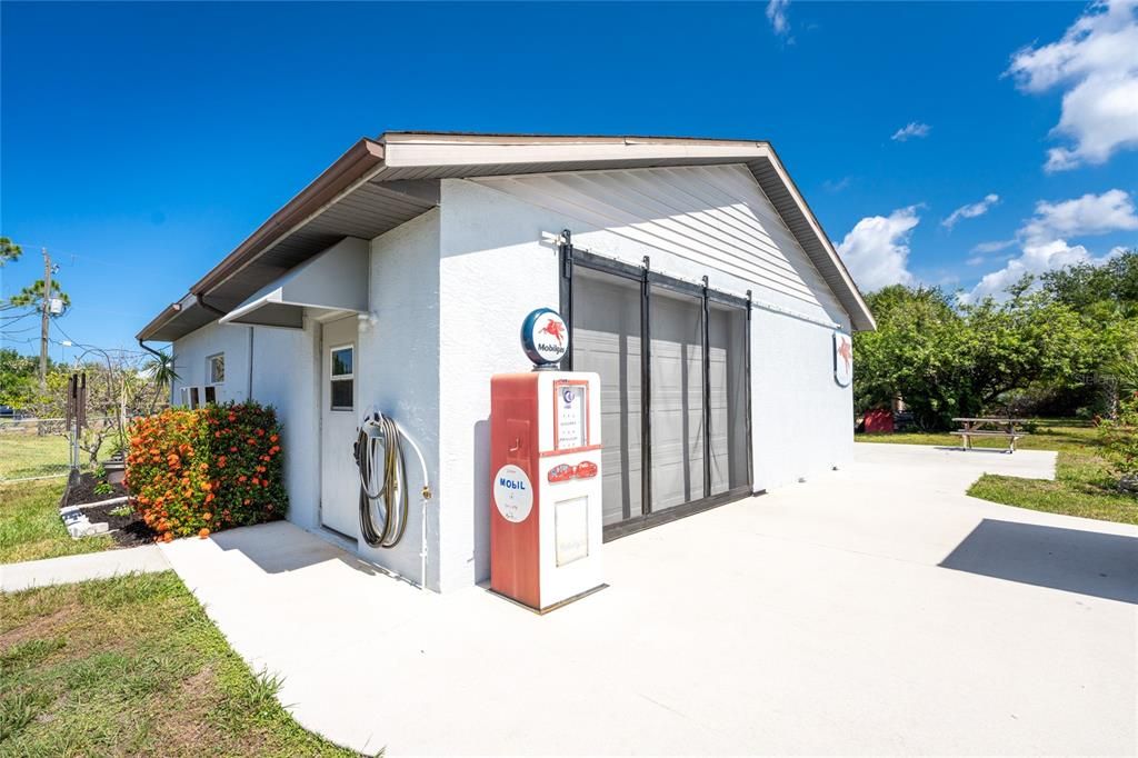 Front view of detached garage.