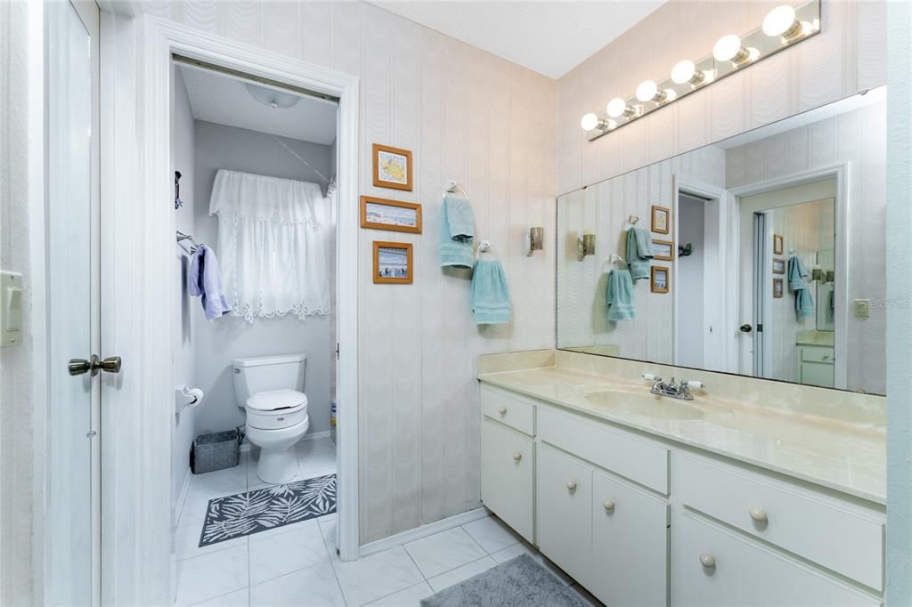 Main bath has a large vanity, separate from the shower and toilet.