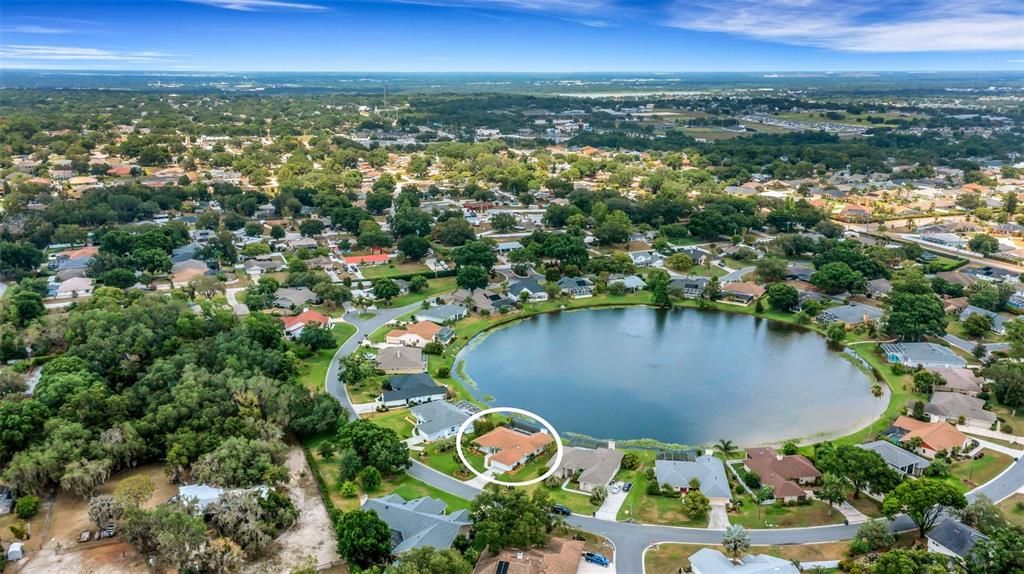 Aerial view and the home is indicated . This is a charming well maintained neighborhood in a great school district, close to shopping and medical.