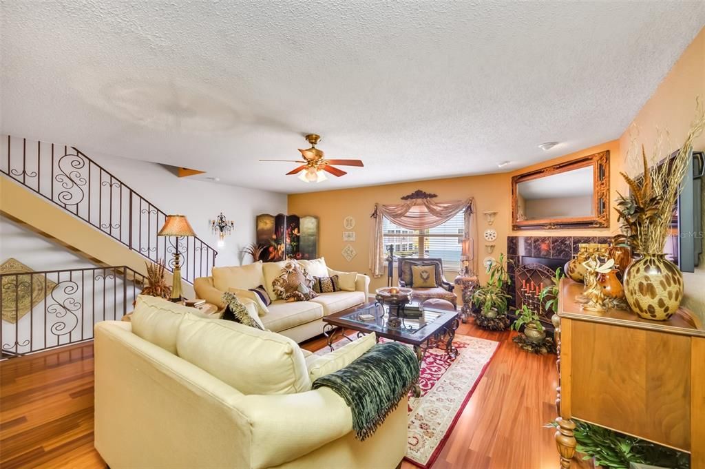 Family room with wood fire place