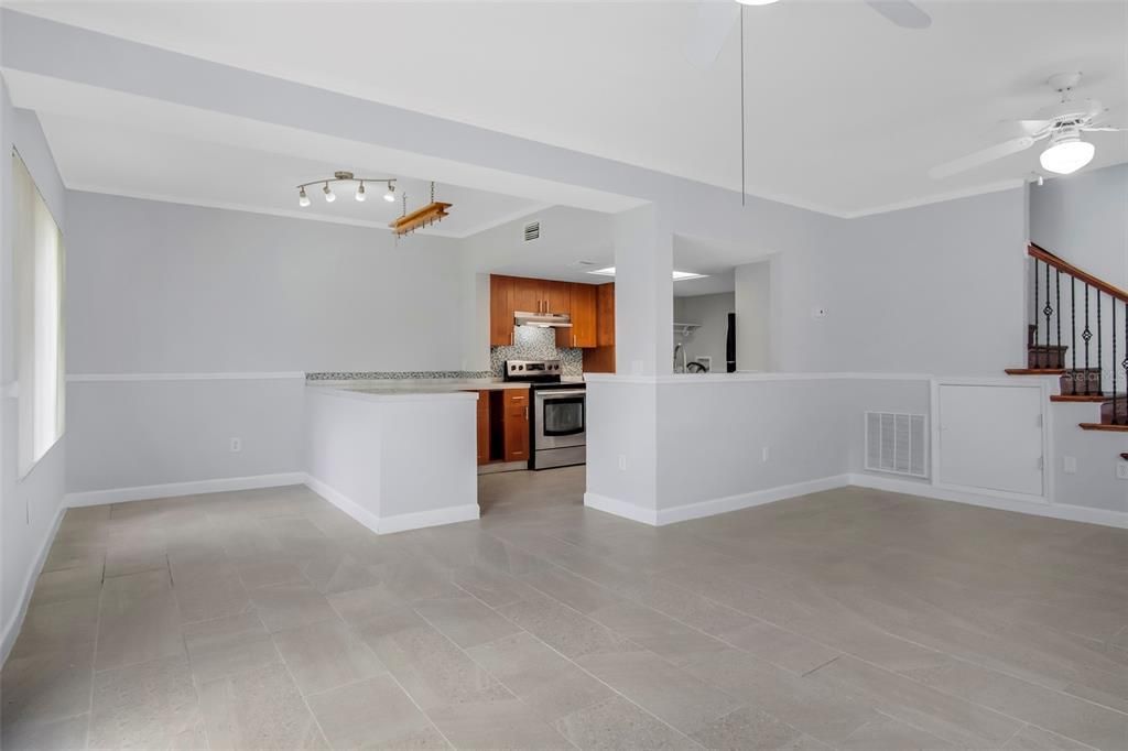 Family room view of kitchen/dining