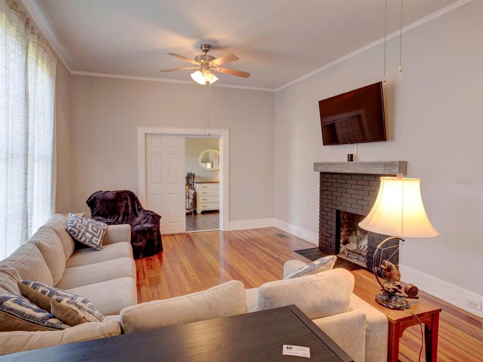 Family room with fireplace.