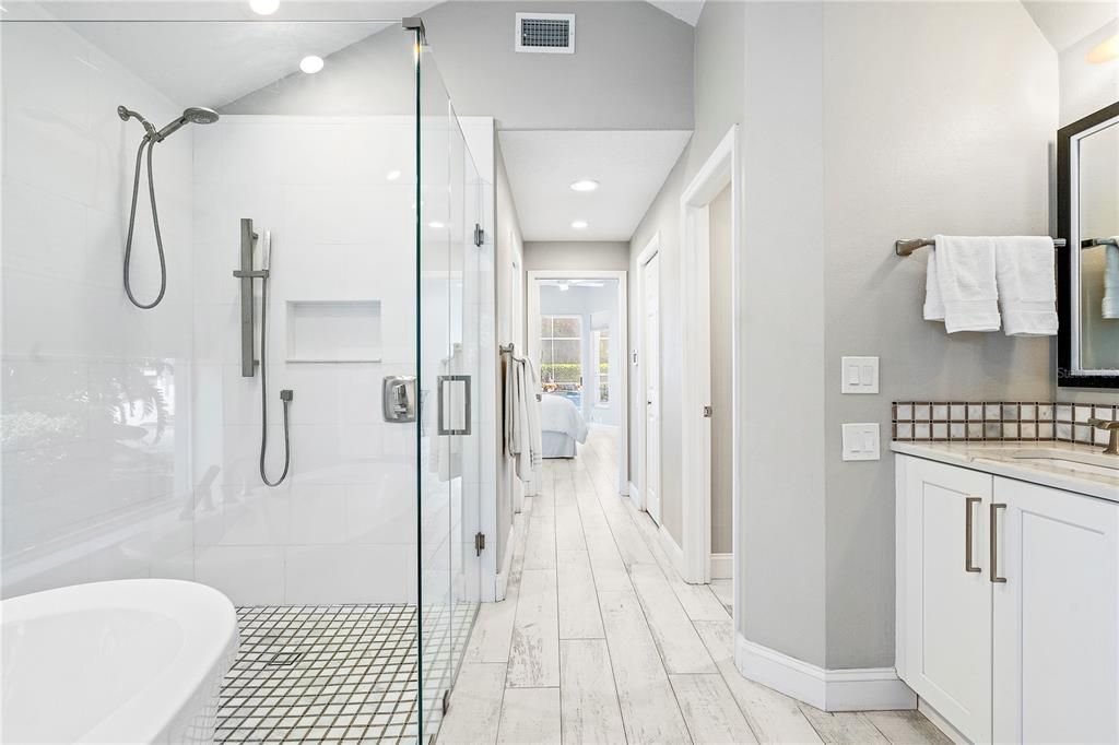 View from primary bath toward bedroom