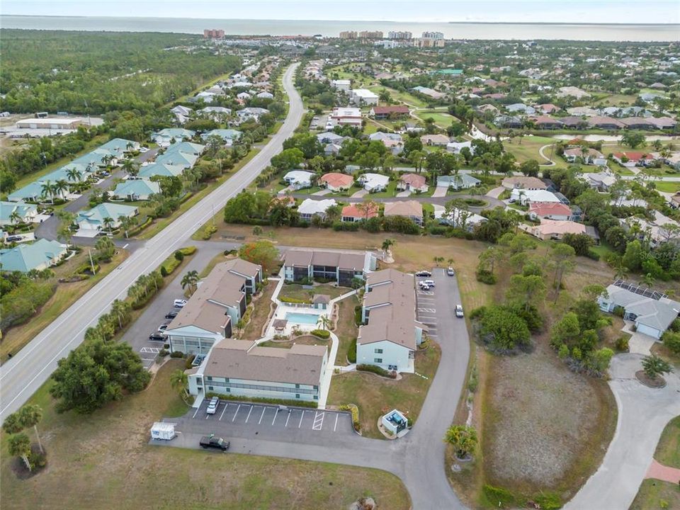 Arial View of the condo and the street to the left goes all the way to the Burnt Store Marina and many amenities