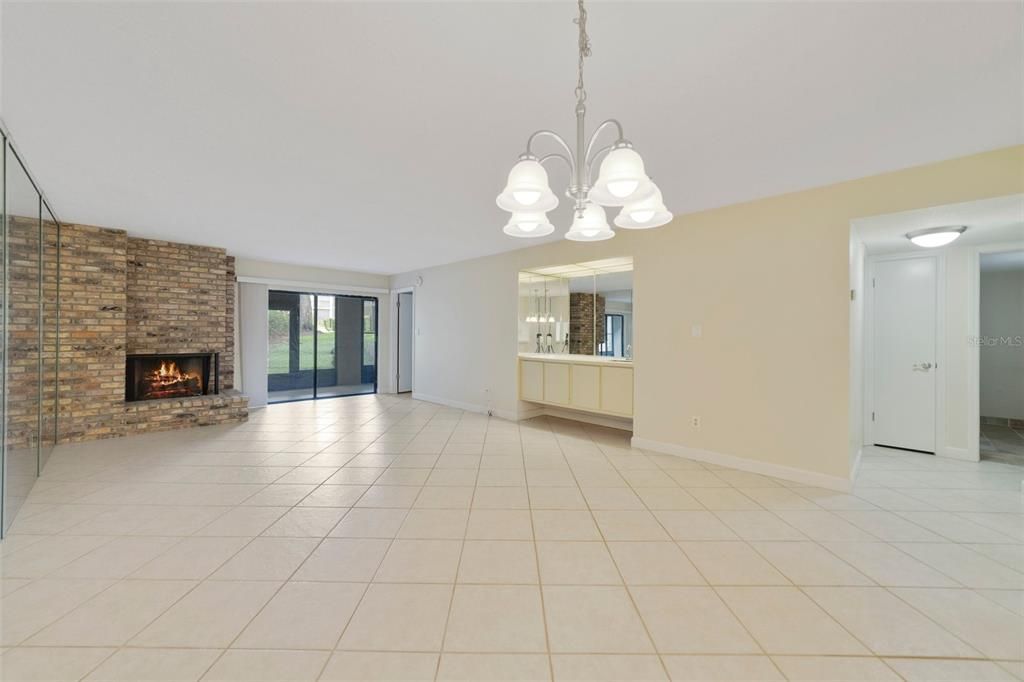 Dining & Living Area with Wet Bar and Fireplace