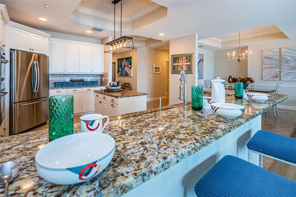 ...  Gourmet Kitchen with Tray Ceilings, complete with Granite Countertops and Upscale Appliance Package..... Master Bedroom Suite to Right of Kitchen Down Hallway Between Wall Pictures.