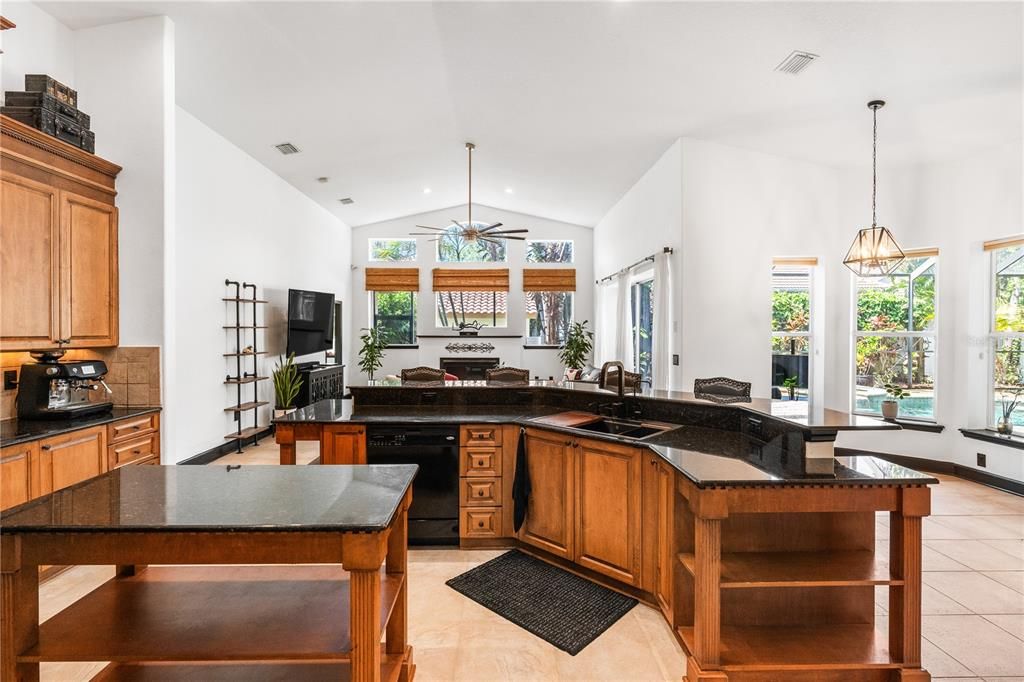 Kitchen, living room.