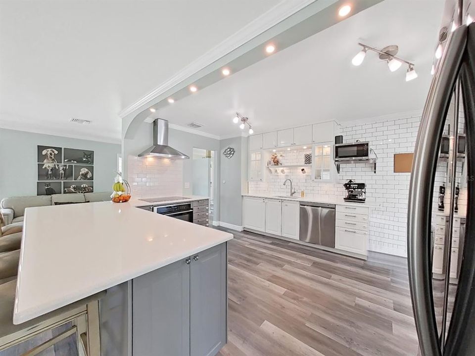 Large Kitchen Quartz peninsula, Stainless hood & appliances.