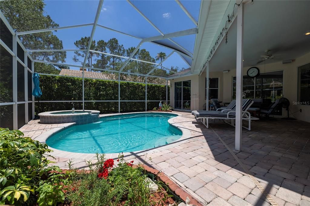 Expansive paved pool deck with heated pool and spa