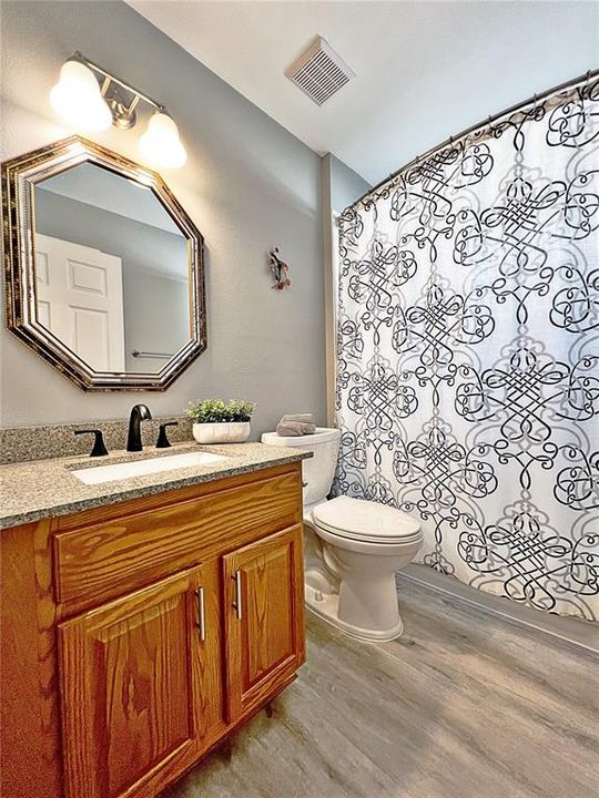 Additional view of bathroom two with laminate flooring, new faucets, and light fixtures