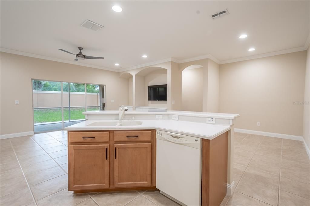 The kitchen is open to the family room. The kitchen island features a double-sink, a dishwaher and additional storage.