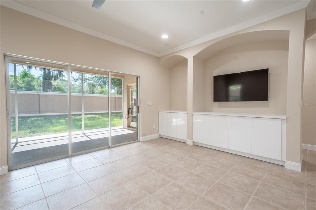 Built-ins in the family room provide additional storage.