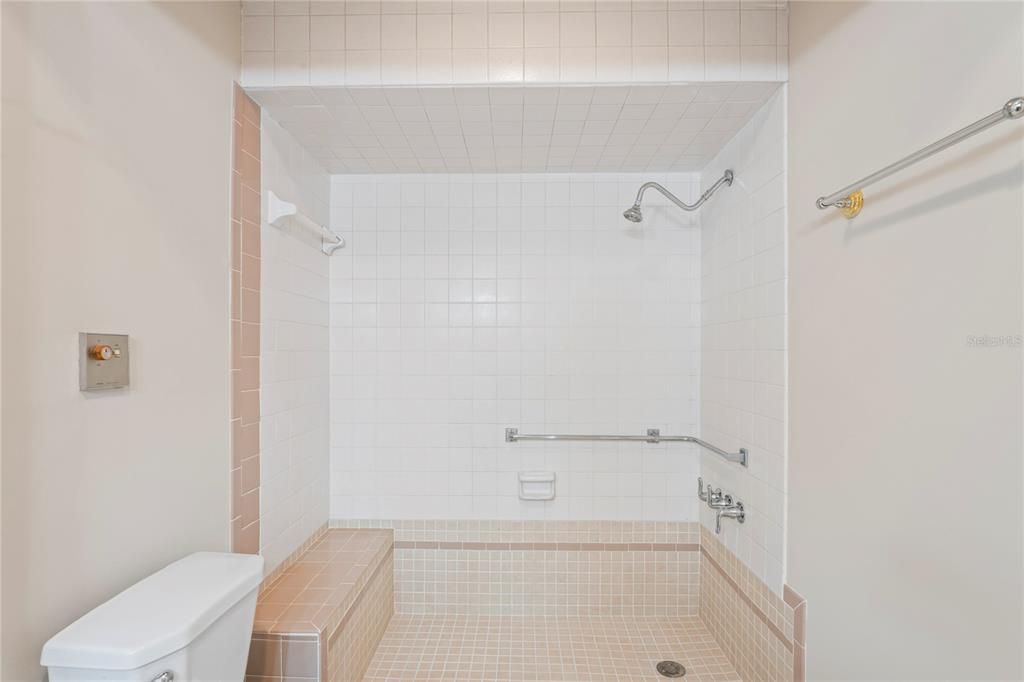 The bathroom shower is tiled, it has safety bar grips, and seating.