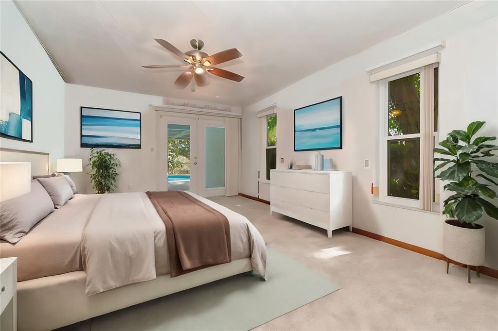 Primary Bathroom with Walk-In Shower with Tile, Garden Tub, Vanity with Quartz Countertops and Tile Floor