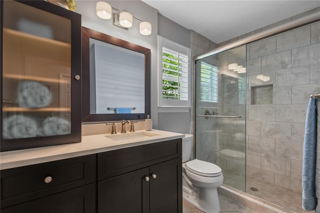 Completely renovated guest bathroom.