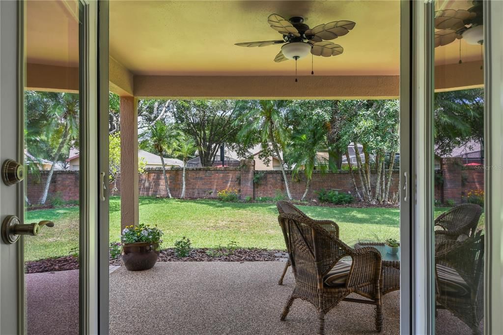 Exiting french doors onto back patio.