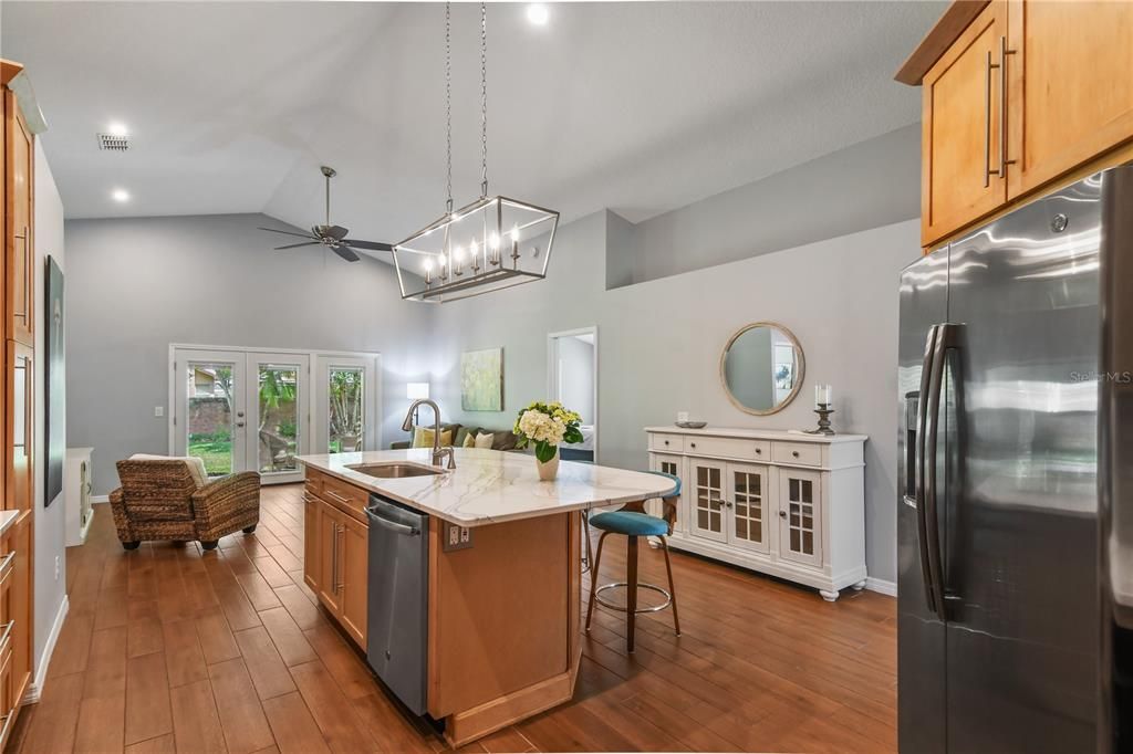 New recessed lighting, light fixtures and ceiling fan.