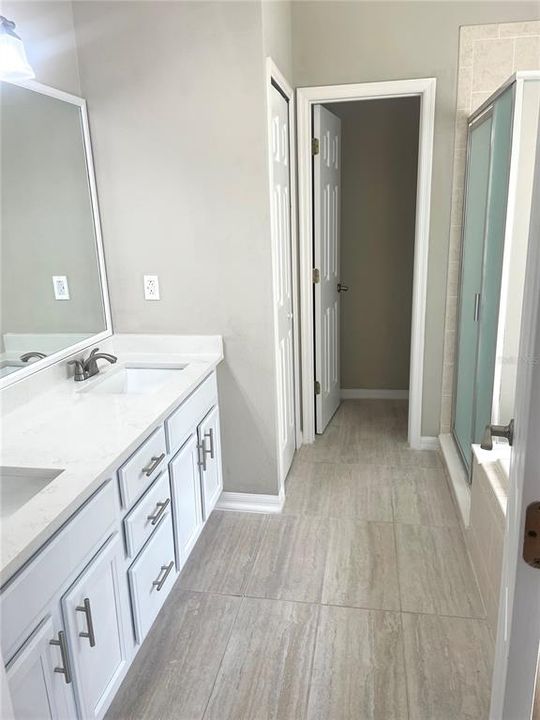 Master bath with new quartz countertops and sinks
