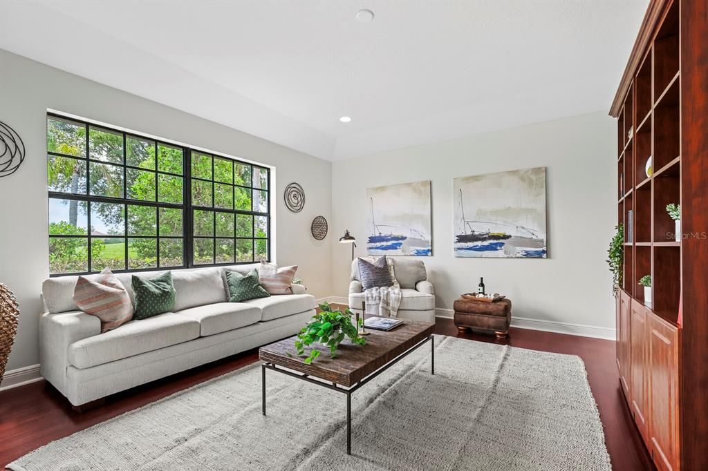 Downstairs bonus room/ office with queen size murphy bed disguised as shelving unit!