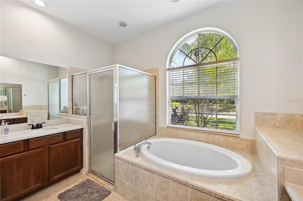 MASTER BATHROOM WITH DOUBLE SINK VANITY, LARGE GARDEN TUB AND STEP IN SHOWER