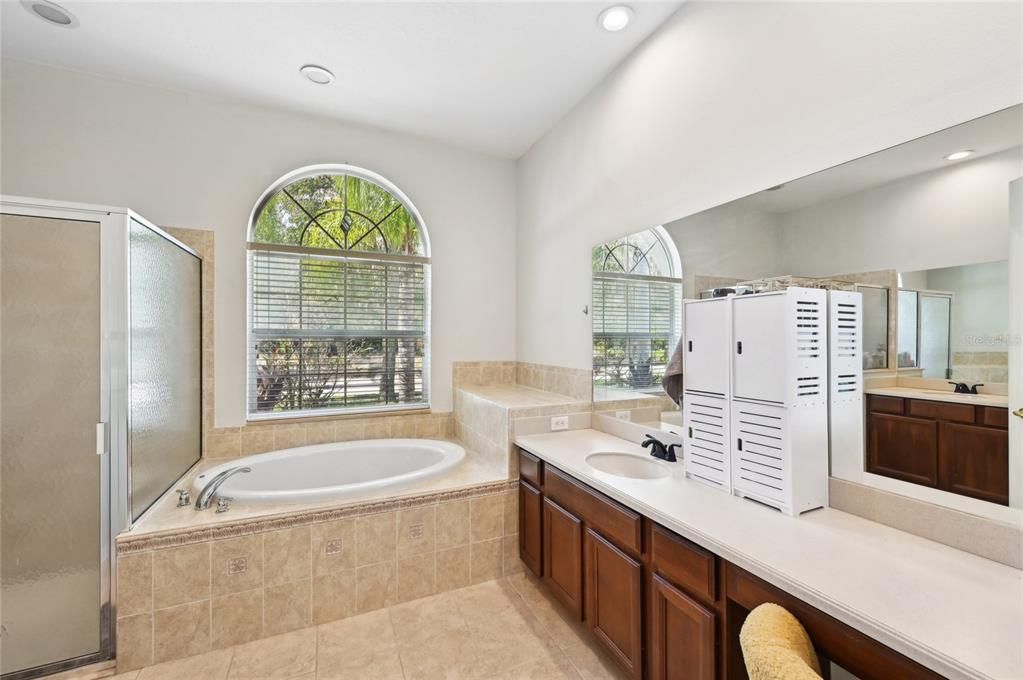 MASTER BATHROOM WITH DOUBLE SINK VANITY, LARGE GARDEN TUB AND STEP IN SHOWER