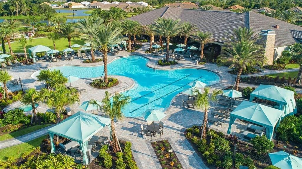 Resort style pool with cabanas