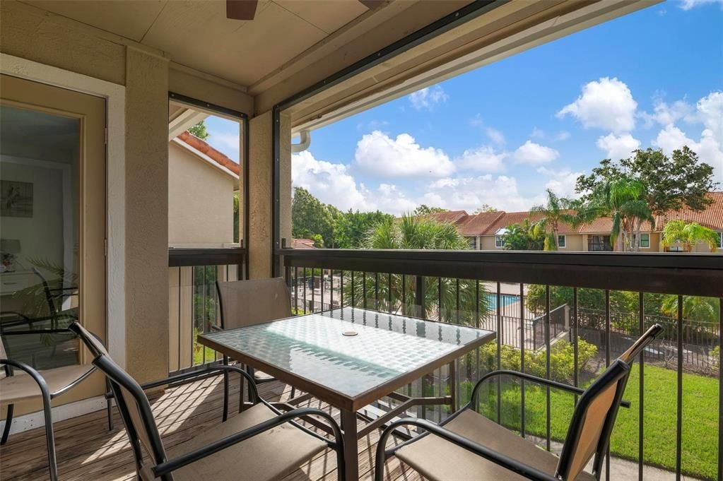 Balcony overlooking pool