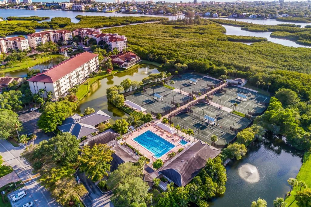 Overview of tennis courts and pool at The Racquet Club; Eagles Point at the top left